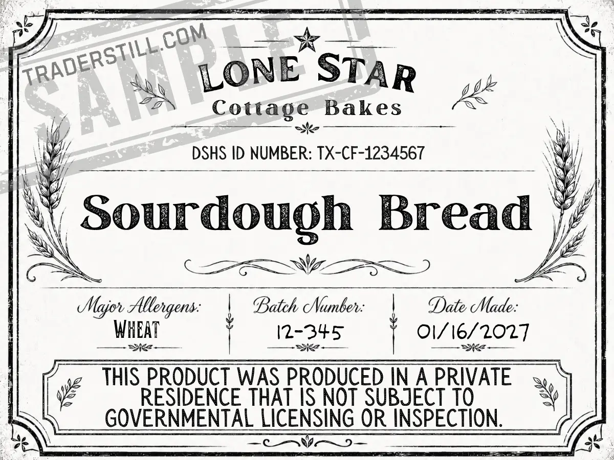 Sample compliant cottage food label for Texas, showing the business name, permit ID, product name, major allergens, batch number, date made, and the required producer statement.