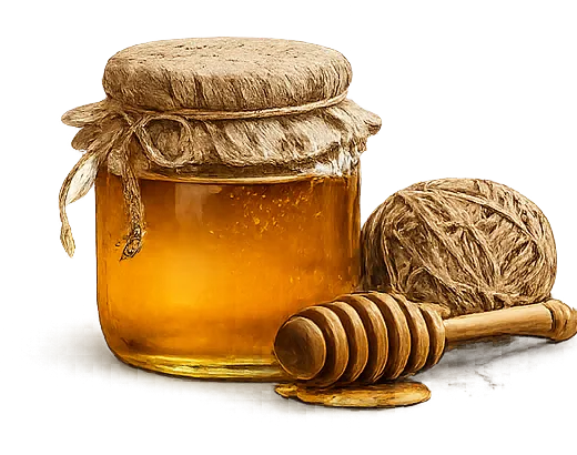 A glass jar of honey with a wooden dipper