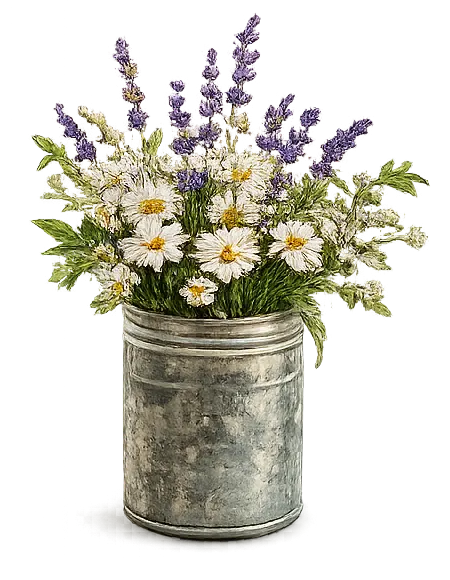 A galvanized vase of lavender and daisies