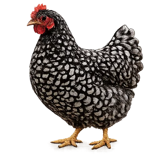 A speckled black-and-white hen