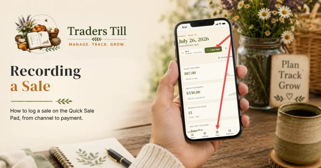 Thumbnail image showing cell phone screen with red arrows pointing to two options for logging a sale in Traders Till. Background elements include a logbook, cup of coffee, and the Traders Till logo.
