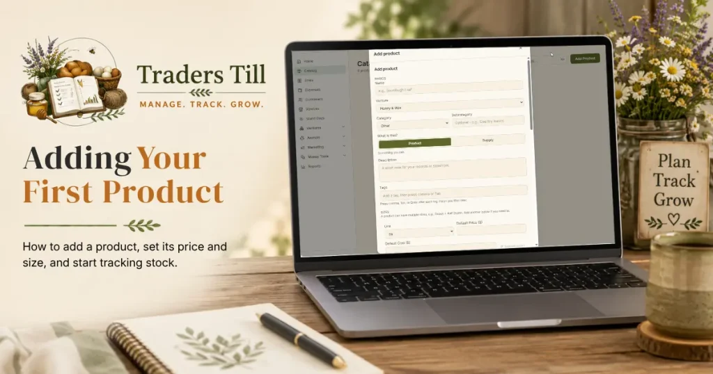 Thumbnail image showing laptop with Screen showing the add a product form in Trader's Till. Background elements include a logbook, cup of coffee, and the Traders Till logo.