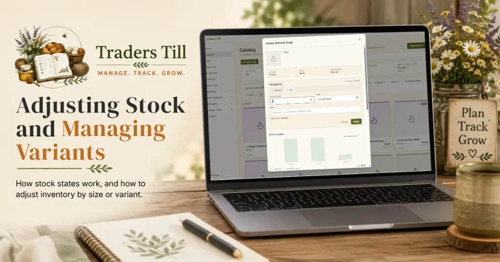 Thumbnail image showing laptop with Screen showing a stock adjustment in progress for one of the products. Background elements include a logbook, cup of coffee, and the Traders Till logo.
