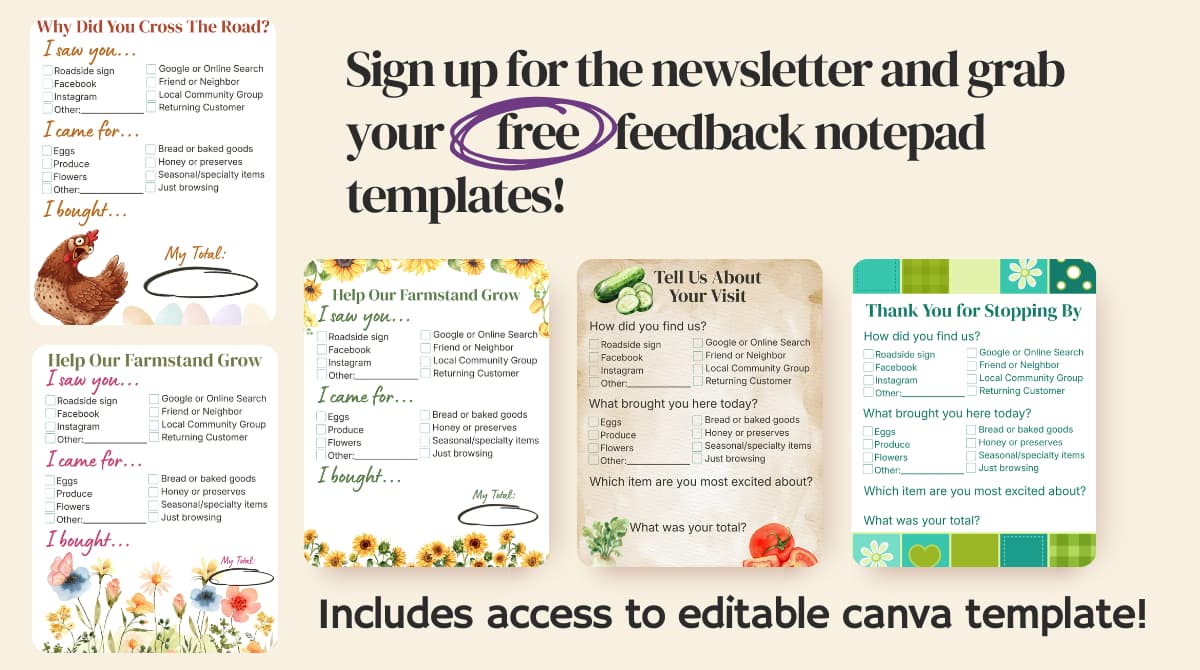 Five printable farm stand feedback notepad designs, editable Canva template included
