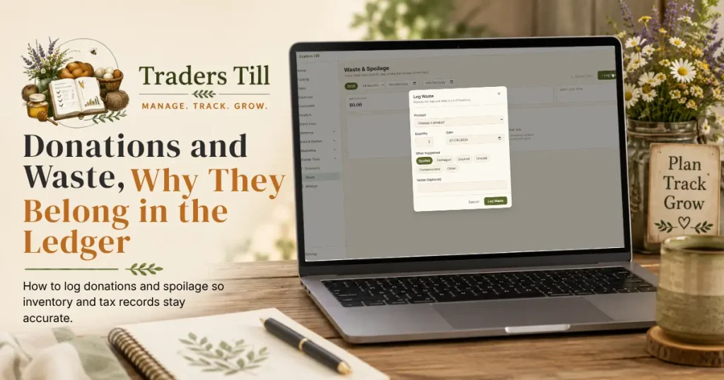 Thumbnail image showing laptop with Modal on screen showing the waste log screen. Background elements include a logbook, cup of coffee, and the Traders Till logo.