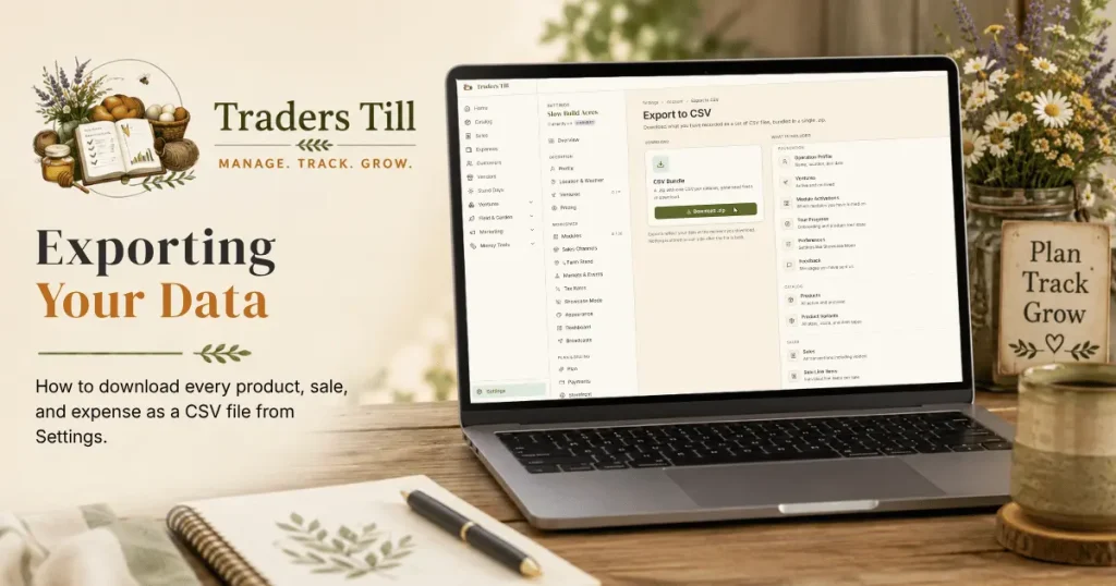 Thumbnail image showing laptop with Export Data screen shown. Background elements include a logbook, cup of coffee, and the Traders Till logo.