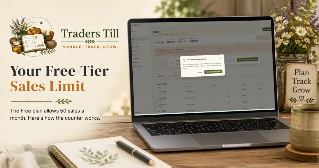 Thumbnail image showing laptop with Modal on screen showing that the free sales limit has been reached. Background elements include a logbook, cup of coffee, and the Traders Till logo.