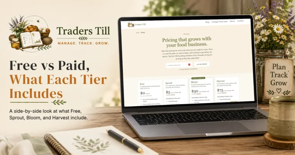 Thumbnail image showing laptop with Pricing screen shown. Background elements include a logbook, cup of coffee, and the Traders Till logo.