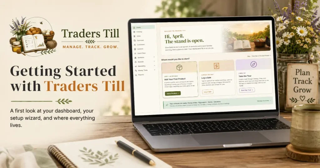 Thumbnail image showing laptop with Screen showing the first getting started screen in Trader's Till. Background elements include a logbook, cup of coffee, and the Traders Till logo.
