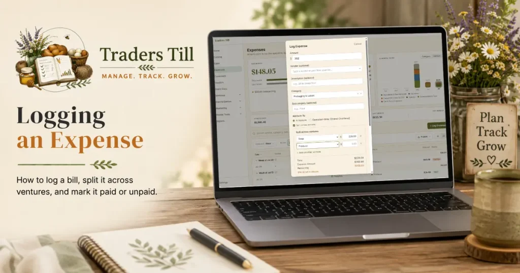 Thumbnail image showing laptop with Screen showing an expense being logged in Trader's Till. Background elements include a logbook, cup of coffee, and the Traders Till logo.
