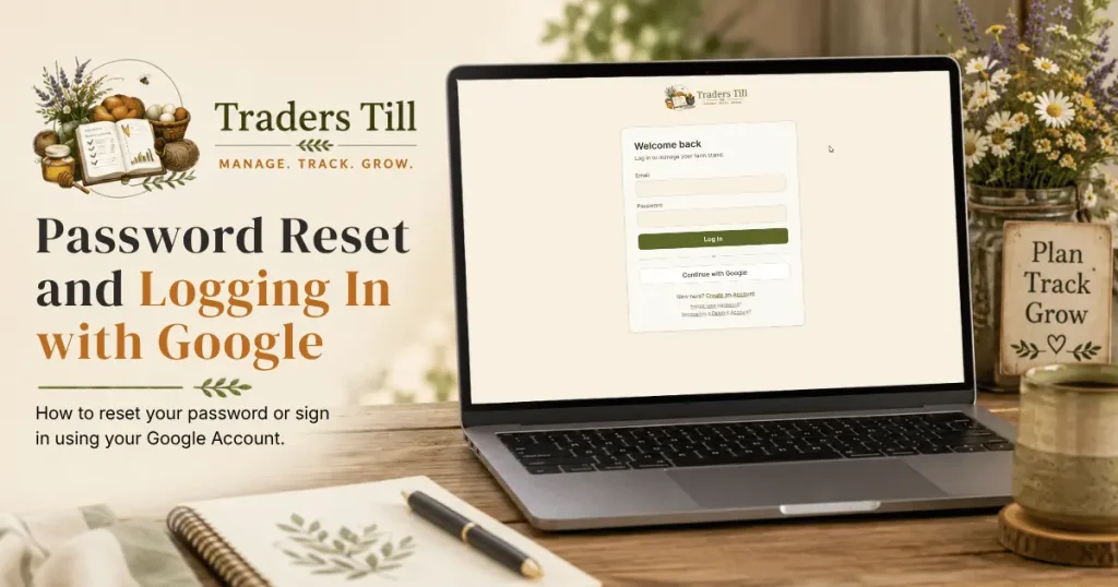 Thumbnail image showing laptop with Welcome back screen and the words "Password Reset and Logging In With Google". Background elements include a logbook, cup of coffee, and the Traders Till logo.