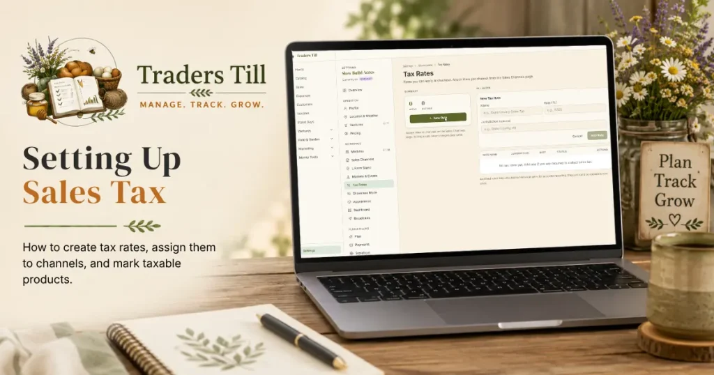 Thumbnail image showing laptop with Screen showing the settings area where sales tax rates are configured. Background elements include a logbook, cup of coffee, and the Traders Till logo.