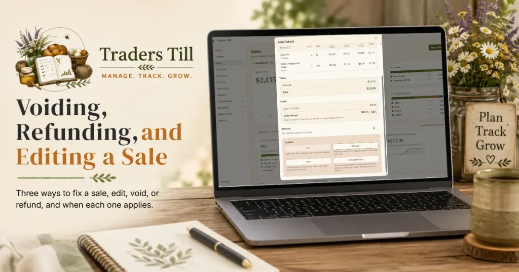 Thumbnail image showing laptop with Screen showing refund and reversal options for a sale in Trader's Till. Background elements include a logbook, cup of coffee, and the Traders Till logo.
