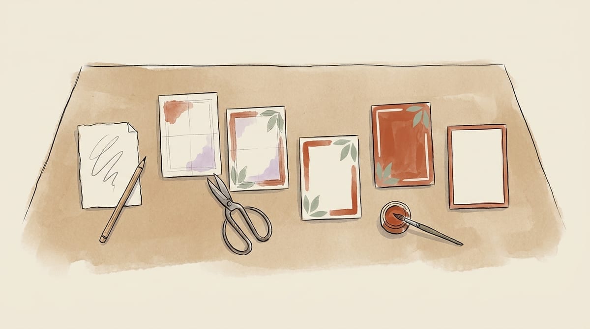 Six small blank sign cards laid out in a winding path across a kraft-paper table, progressing from a loose pencil scribble to a neatly painted finished card