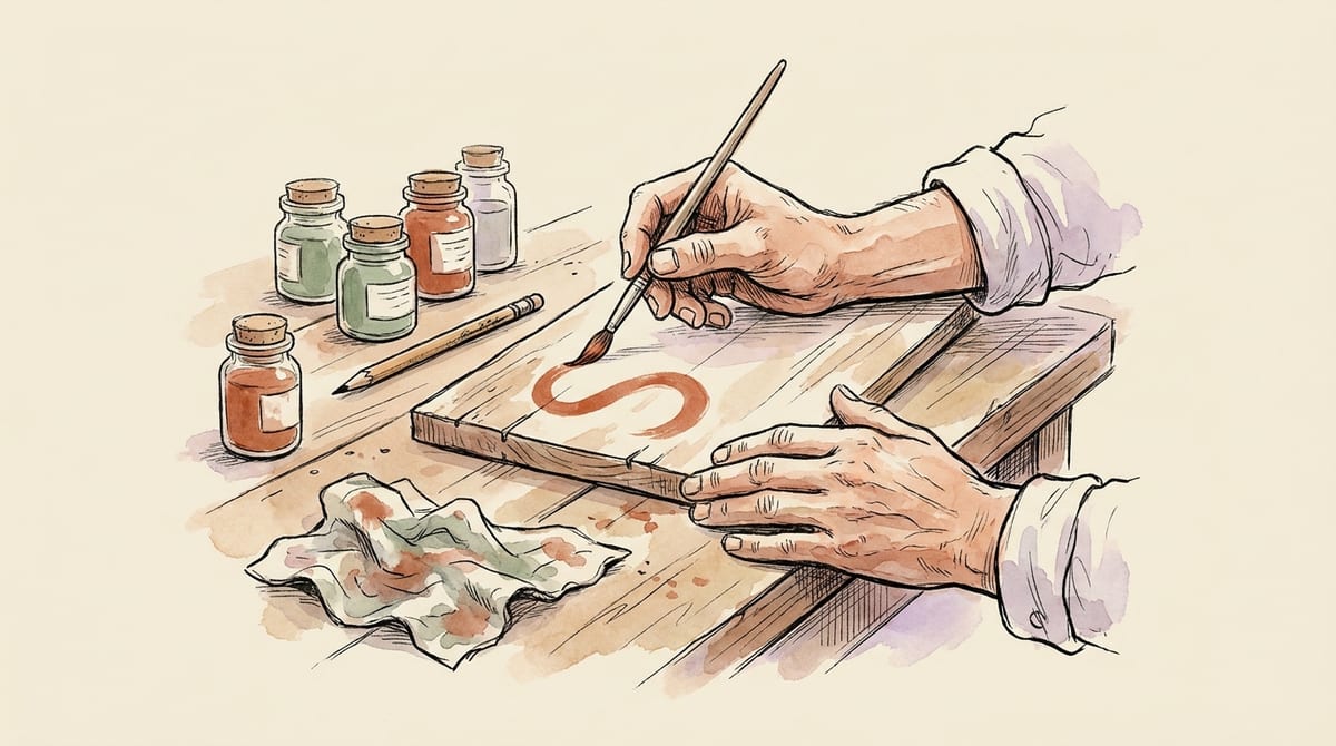 A pair of hands hand-lettering a wooden farm stand sign with a fine brush, small jars of terracotta and sage paint beside them on a workbench