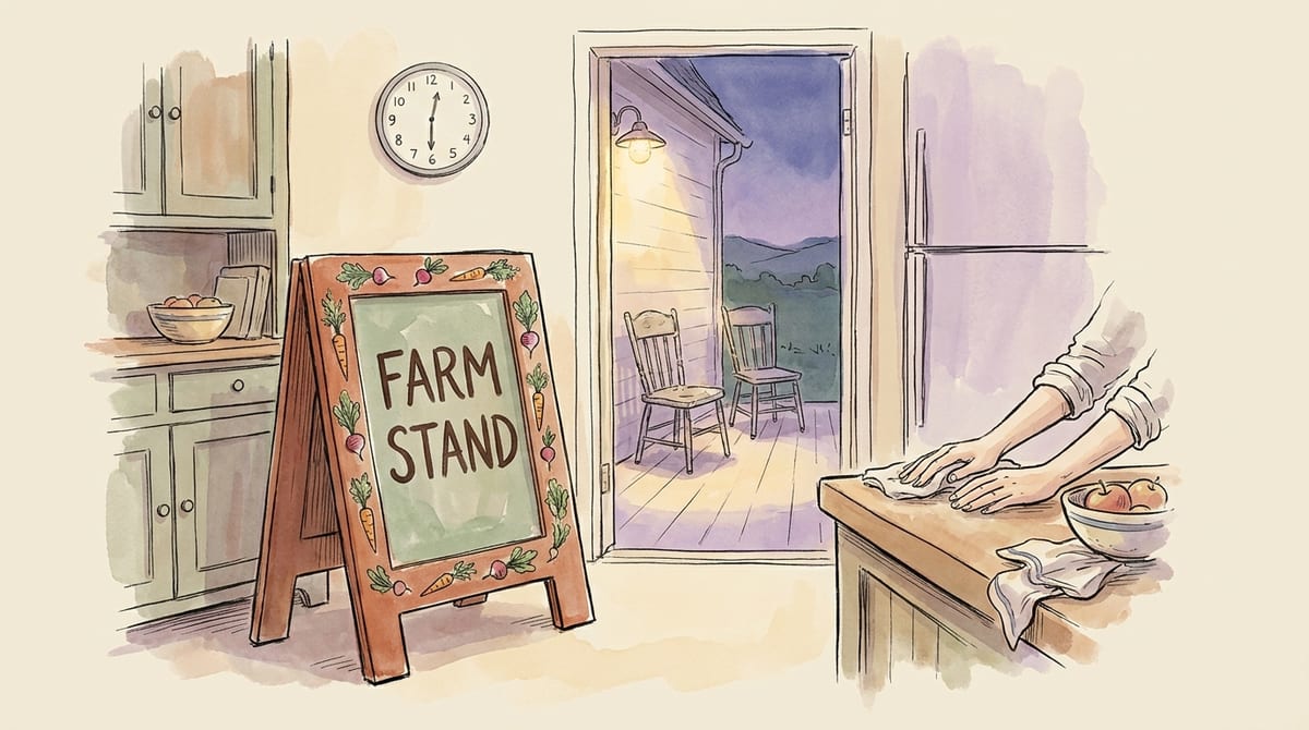 An evening kitchen with a finished hand-lettered FARM STAND sandwich board already propped against the wall, and an open door beyond it showing a lit porch and two empty chairs