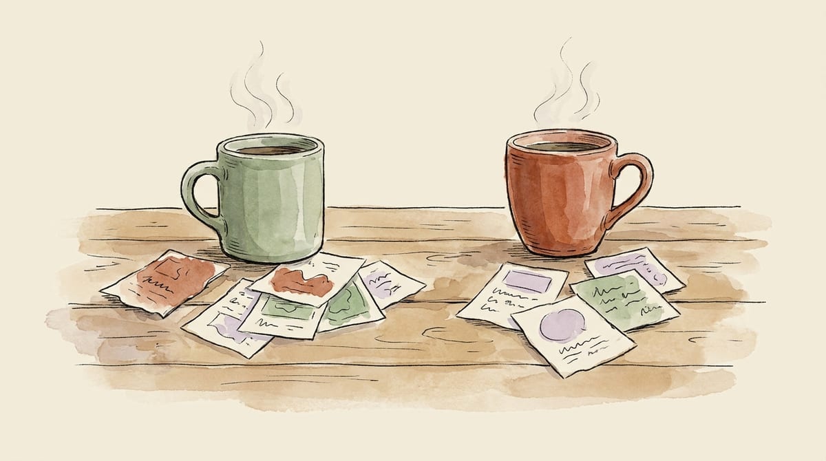 Two mugs of tea facing each other across a farmhouse table with small hand-sketched sign designs spread between them