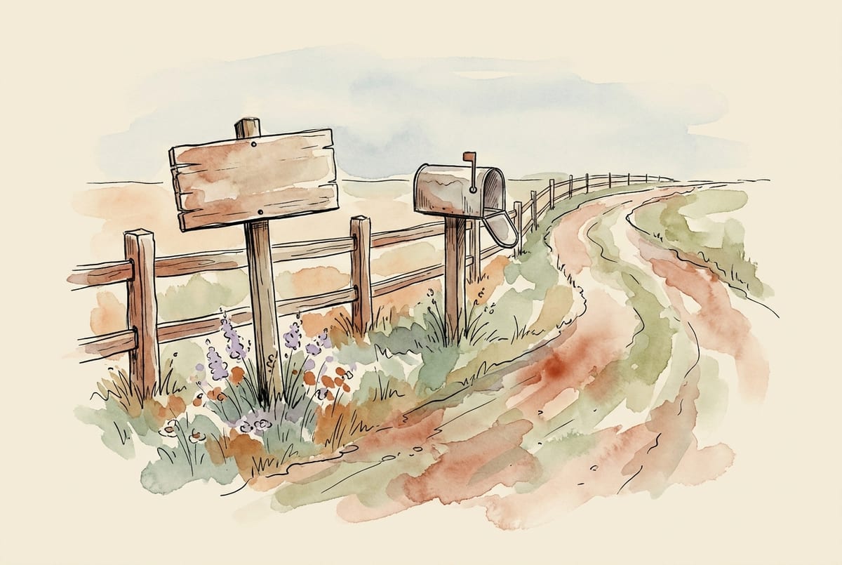 Watercolor illustration of a blank farm stand sign staked by a wooden fence and a mailbox at the edge of a country road