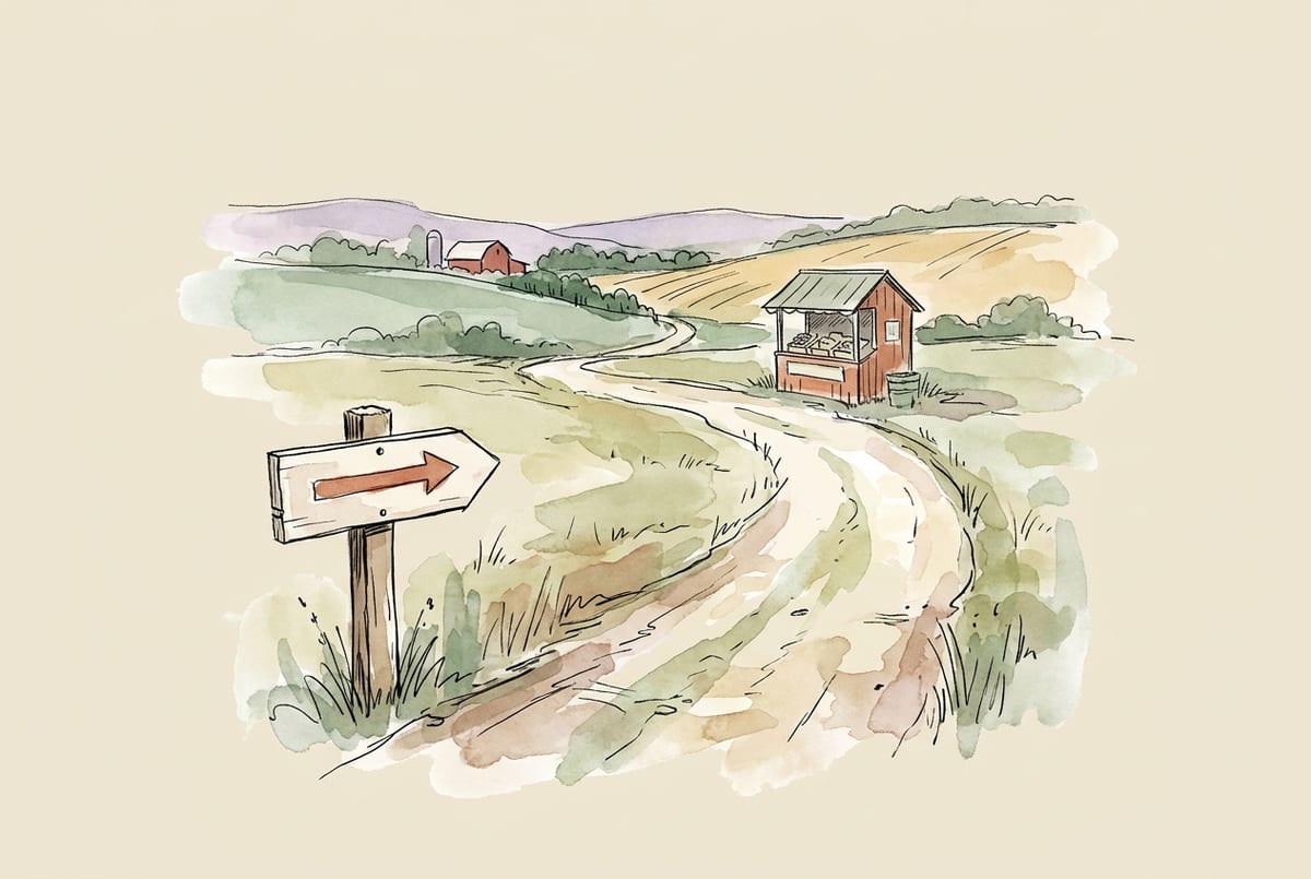 Watercolor illustration of a country roadside with a directional arrow sign leading down a lane to a small farm stand