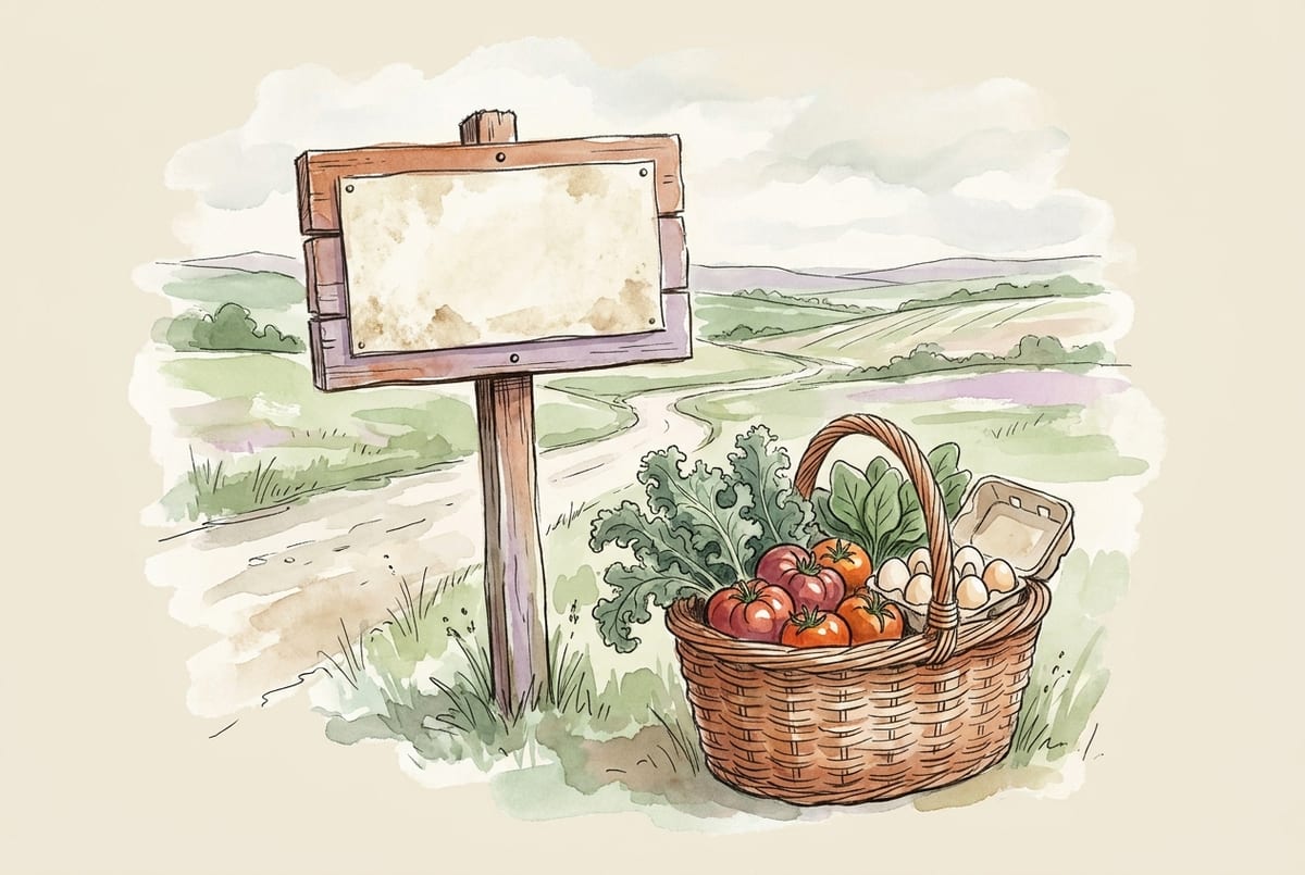Watercolor illustration of a blank wooden farm stand sign on a post beside a basket of fresh produce and eggs at the edge of a country lane
