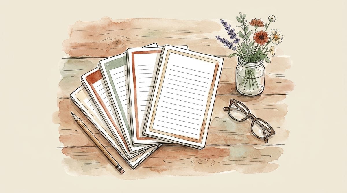 Five small printed notepads fanned out on a farmhouse table, each with a blank ruled page and a different painted border in terracotta, sage, and cream, beside a pencil, reading glasses, and a jar of wildflowers