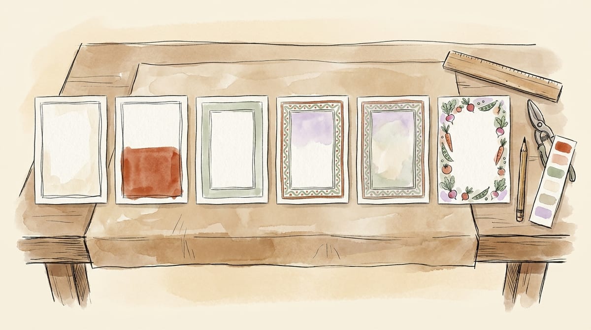 Six blank template cards laid out in sequence across a kraft-paper table, each one a step further along, from an empty outline to a finished card with a painted vegetable border