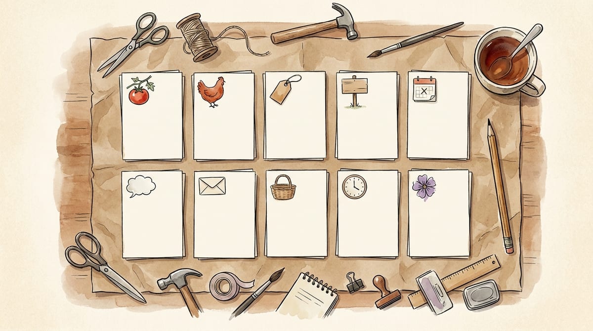 Ten small blank cards in a two-by-five grid on a kraft-paper table, each with a simple hand-drawn icon in the corner: a tomato, a chicken, a price tag, a signboard, a calendar, a speech bubble, an envelope, a basket, a clock and a flower
