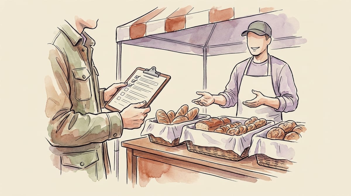 Market manager with a checklist clipboard talking with a vendor at a farmers market booth