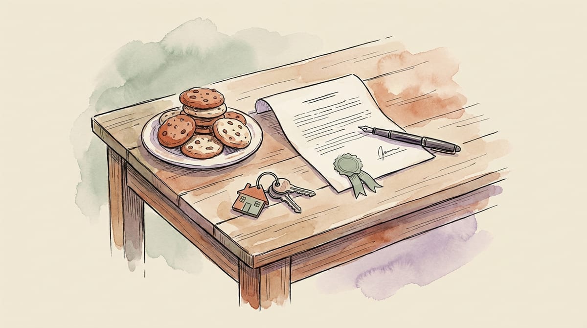 Home kitchen table with a plate of cookies beside an official insurance policy document and a fountain pen