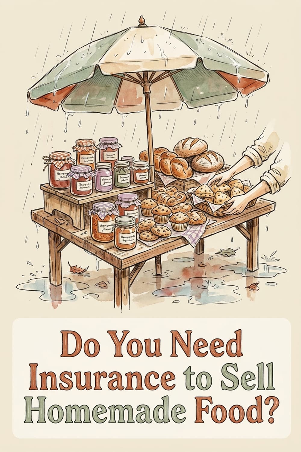 Pinterest pin asking Do You Need Insurance to Sell Homemade Food? above a market table sheltered by an umbrella