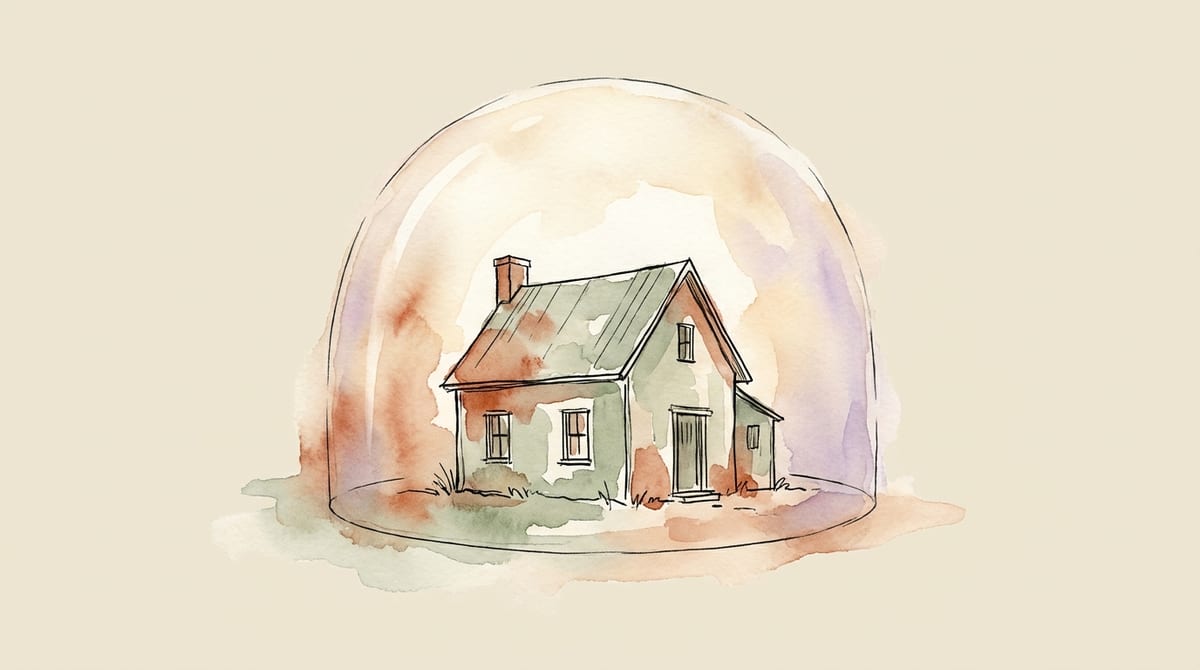A small watercolor house sheltered beneath a softly glowing translucent dome, warm and reassuring