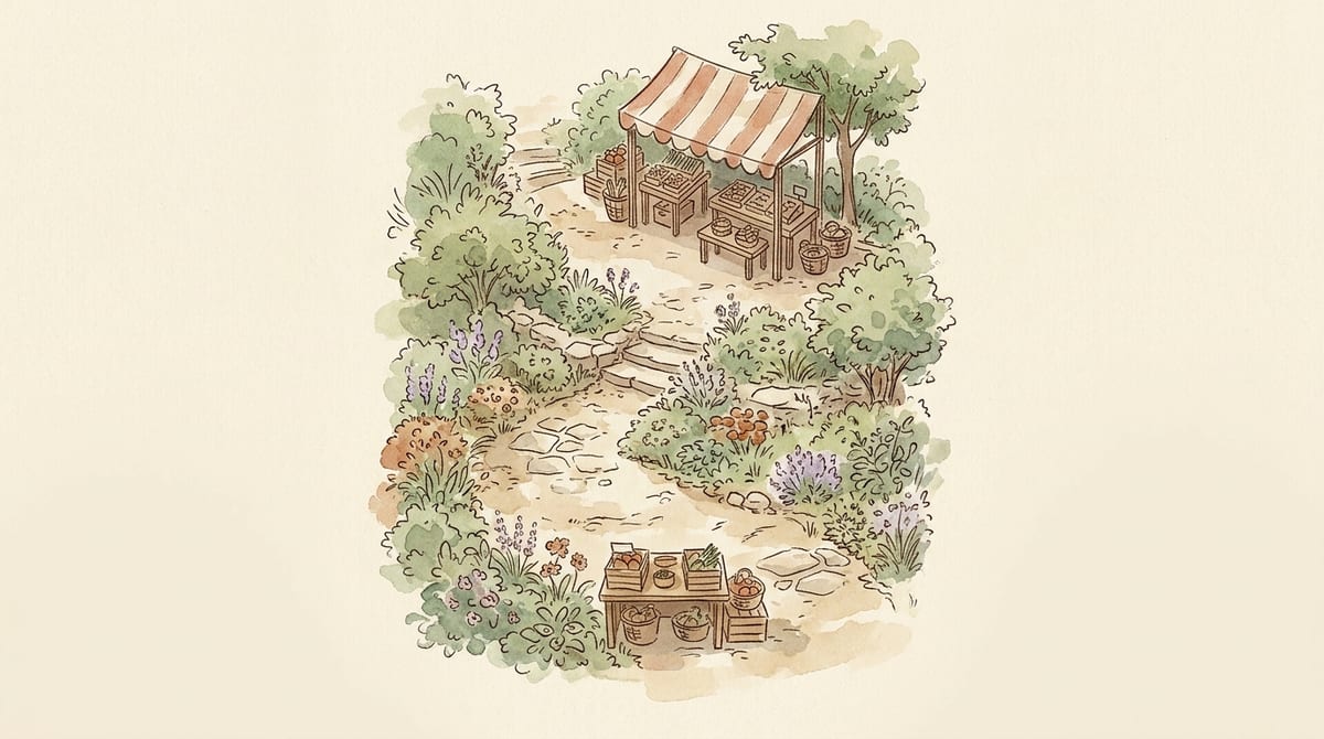 A winding garden path leading from a small humble crate stand to a larger, more established stand with a table and awning further along