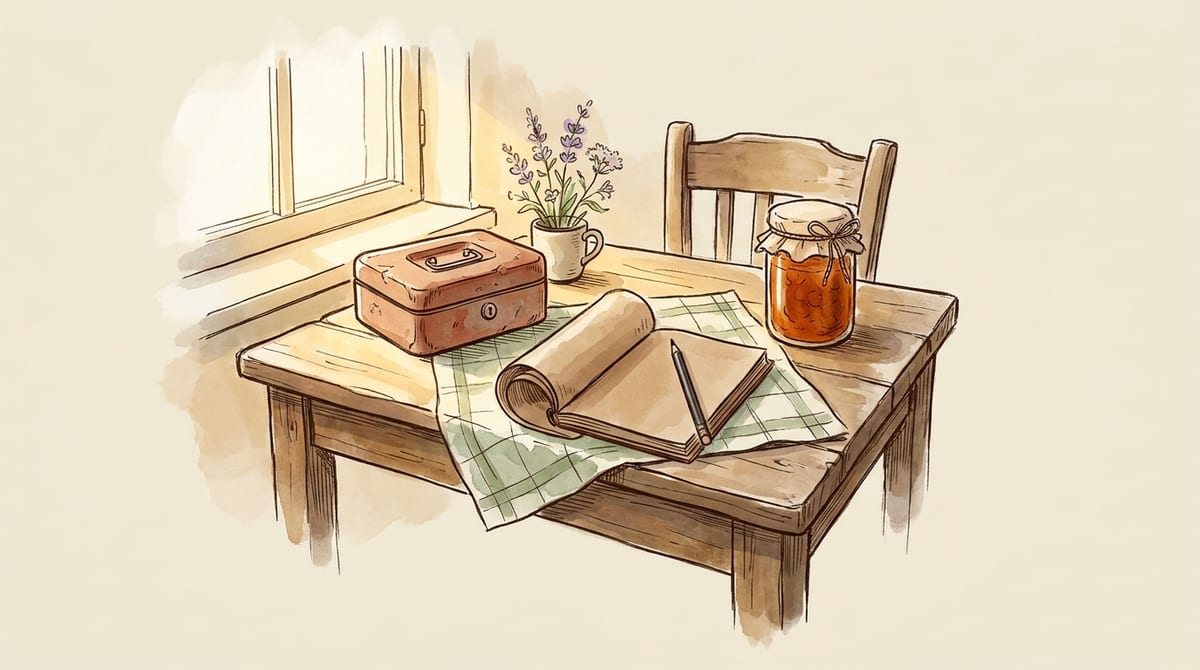 A small tin cash box, a plain notebook and pencil, and a jar of preserves on a sunlit home kitchen table