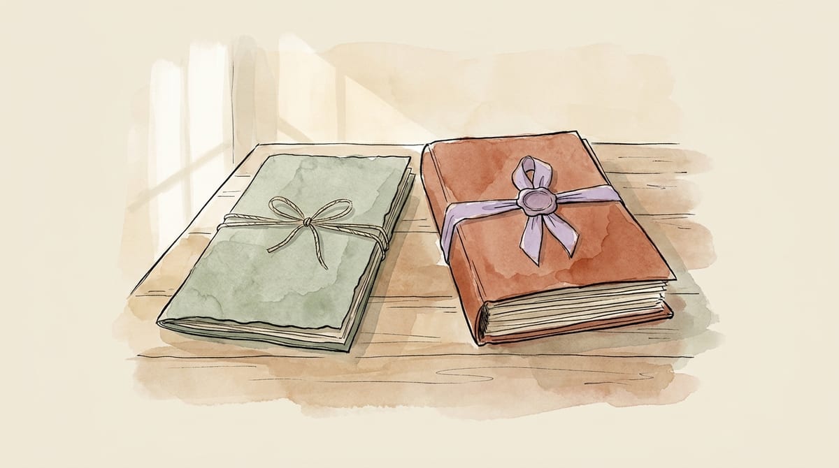 Two tied bundles of paper on a sunlit table, one thin and tied with plain twine, the other thick and bound with a wax-sealed ribbon