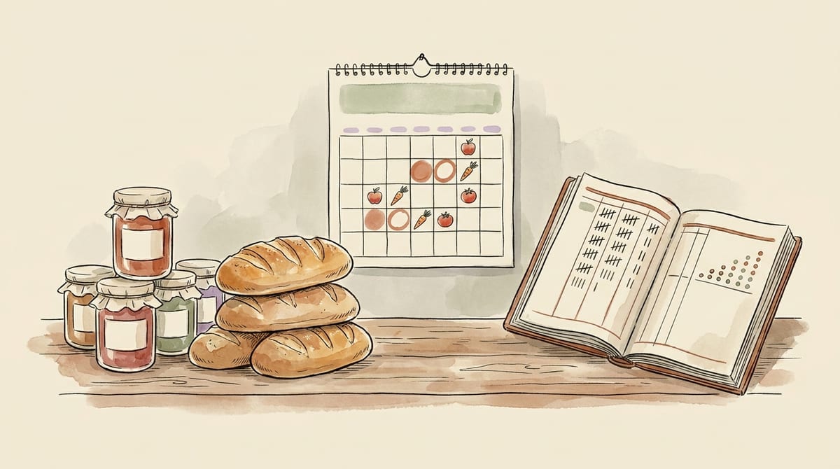 Watercolor illustration grouping the three levers of a profitable farm stand: a short line of matching jam jars and identical loaves, a wall calendar with circled market days, and an open ledger of neat tally marks