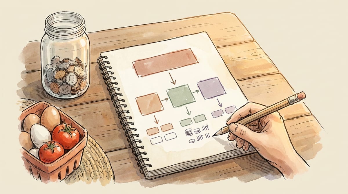 Watercolor illustration of a kitchen-table planning scene: an open notebook breaking a big goal into smaller and smaller boxes with coins and tally marks, beside a jar of coins and a basket of eggs and tomatoes
