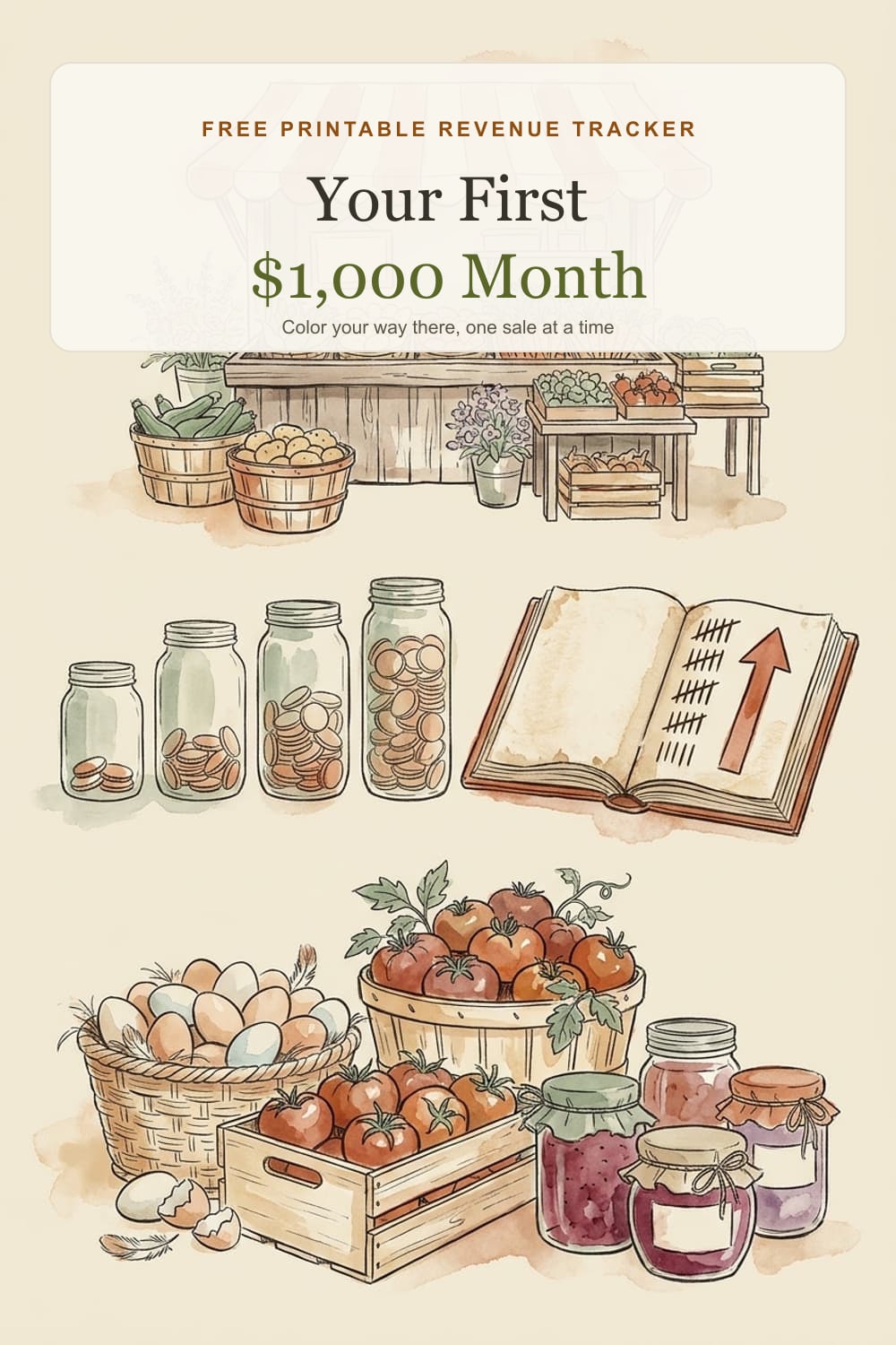 Pinterest pin: watercolor farm stand with produce and flowers, glass jars filling with coins, and a rising ledger, illustrating a plan for your first $1,000 month at a farm stand
