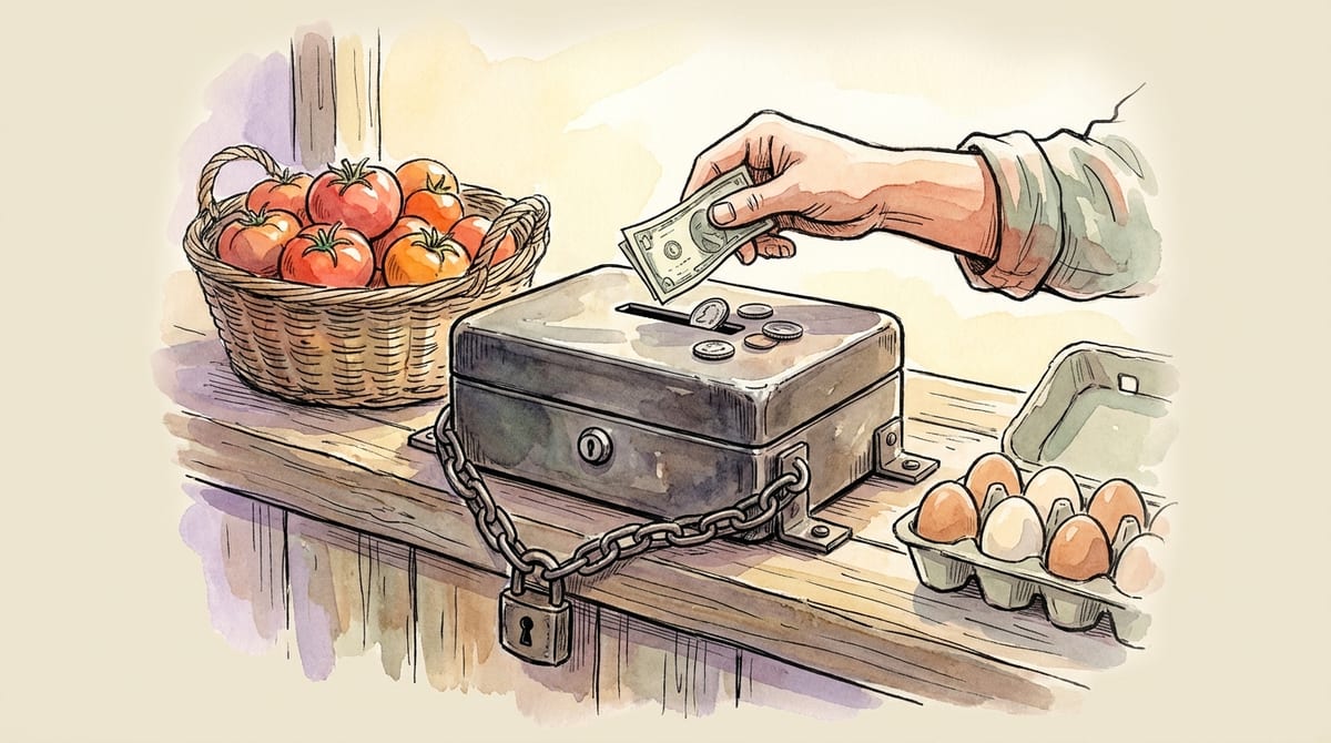Watercolor illustration of a chained, padlocked cash lock box on a farm stand counter with a hand dropping a bill through the slot, beside a basket of tomatoes and a carton of eggs