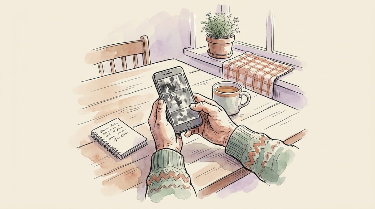 Watercolor illustration of a farmer calmly reviewing security camera footage on a phone at a cozy kitchen table with coffee and a notebook