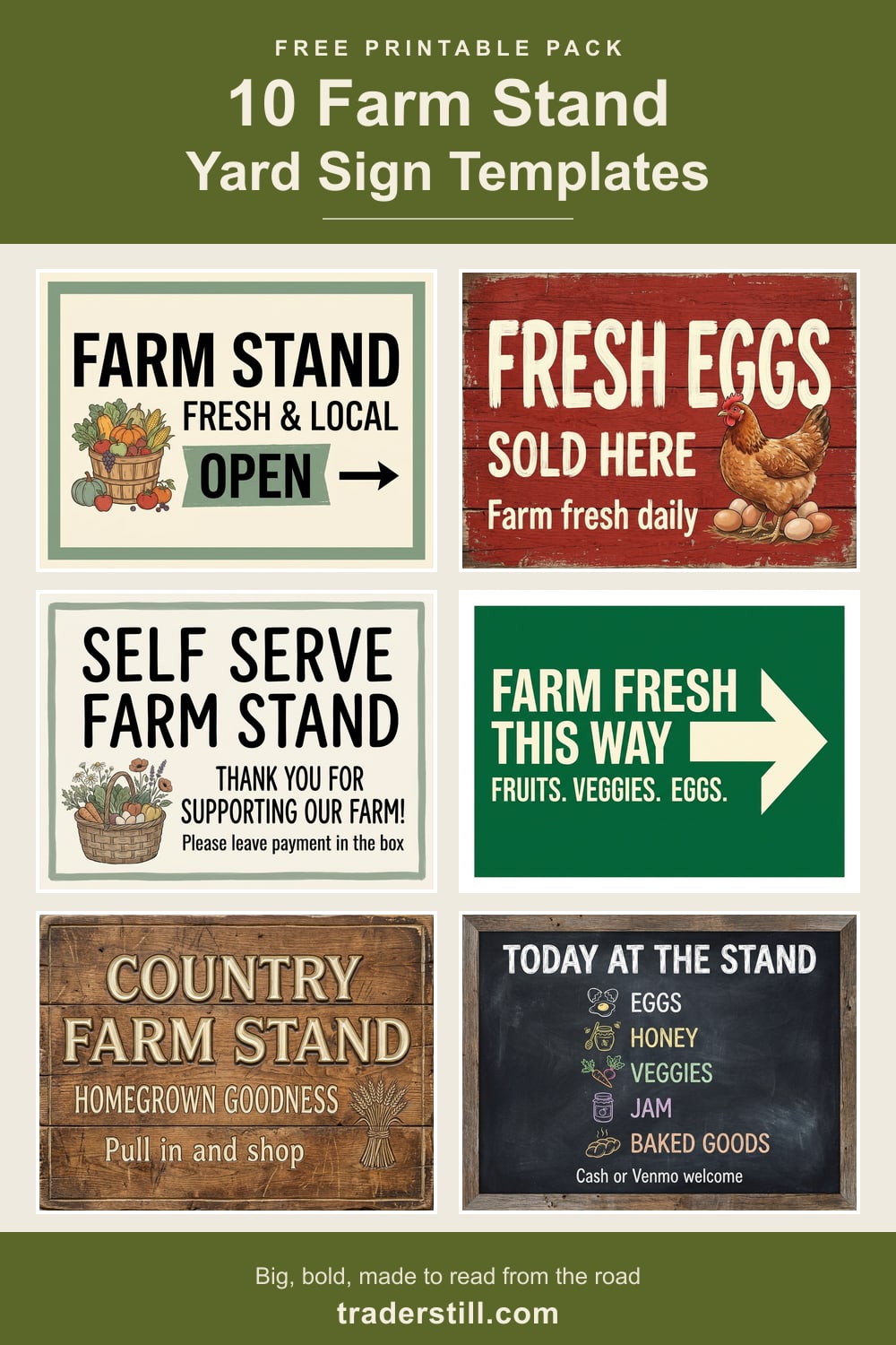 Pinterest pin: 10 free printable farm stand yard-sign templates from Traders Till, a collage of six roadside sign designs