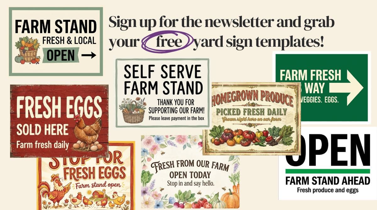 Ten printable farm stand yard sign designs, from modern to rustic and chalkboard