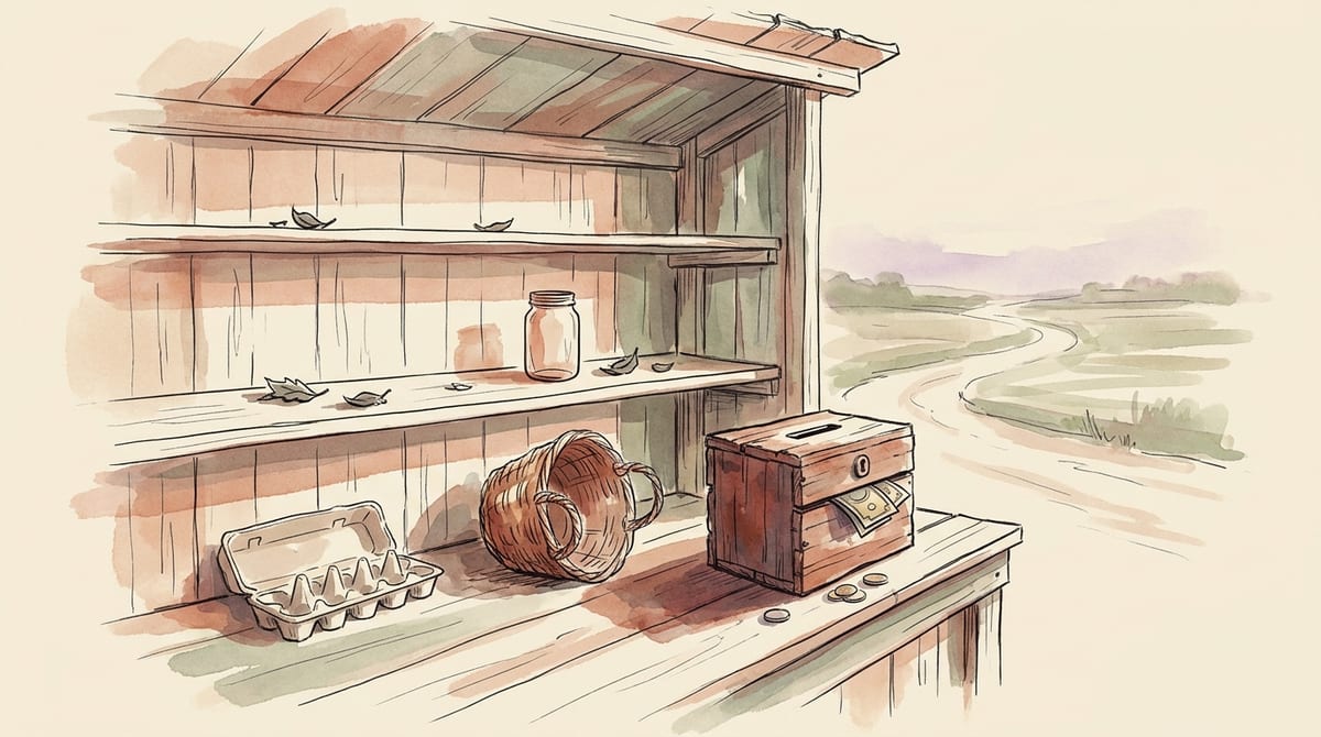Watercolor illustration of an empty farm stand at the end of the day, shelves bare except for a stray jar and a tipped-over basket, with cash visible in the slot of a wooden lock box and an empty road beyond