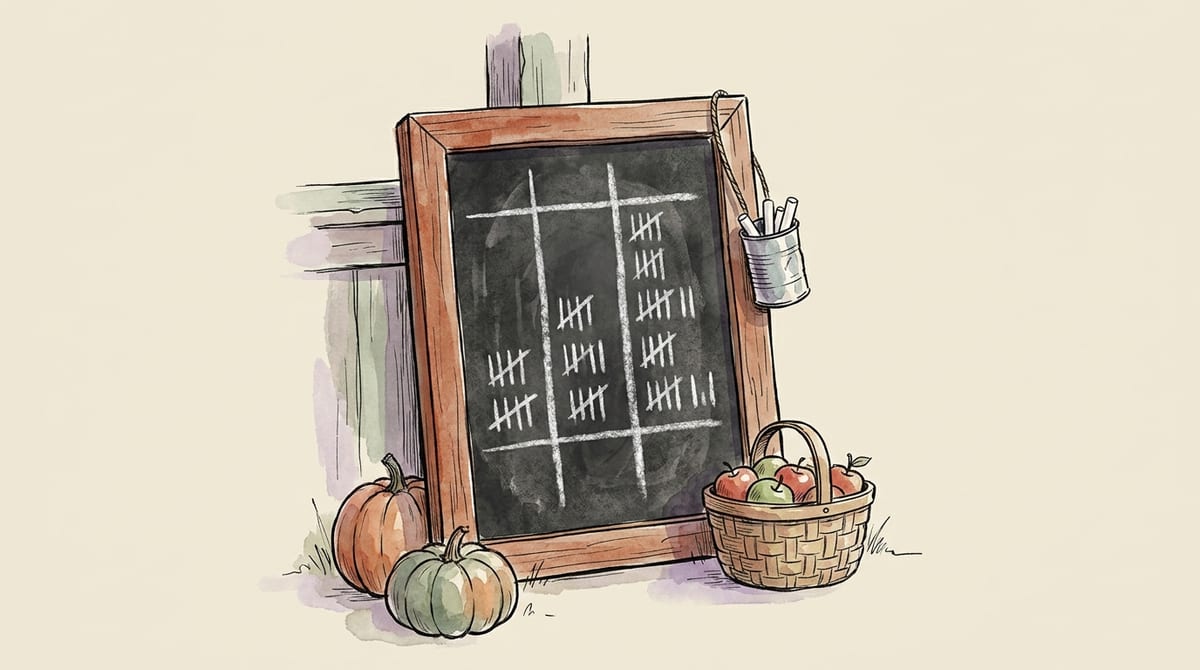 Watercolor illustration of a framed chalkboard propped against a farm stand post, its surface ruled into columns filled with chalk tally marks of different heights like a hand-drawn vote count, with a tin of chalk hanging beside it and pumpkins and apples at its base