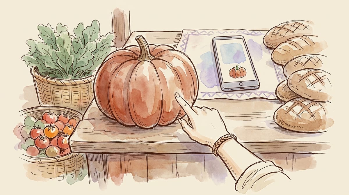 Watercolor illustration of an oversized pumpkin sitting deliberately out of place among baskets of greens, tomatoes and bread on a farm stand counter, a customer's hand pointing at it, and a phone lying face-up showing a small pumpkin on its screen