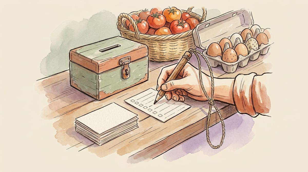 Watercolor illustration of a hand checking a box on a small blank feedback card at a farm stand counter, with a pencil tied to the counter on twine, a stack of blank cards, a lock box, tomatoes and eggs