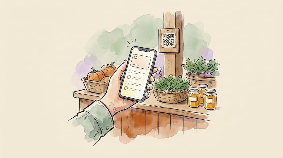 Watercolor illustration of a hand holding a smartphone showing a simple blank checkbox form, in front of a farm stand post with a small QR code plaque mounted on it, beside baskets of greens and jars of honey