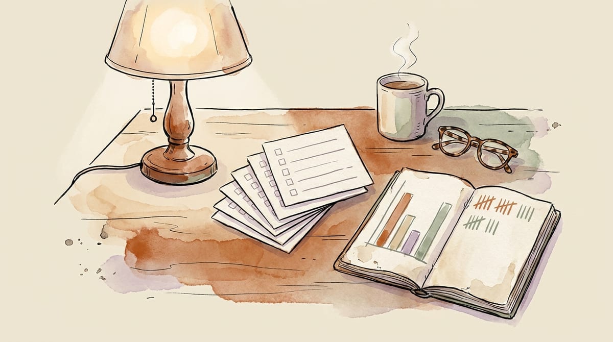 Watercolor illustration of a lamplit kitchen table at night with a fanned-out stack of blank feedback cards, an open notebook showing a simple hand-drawn bar chart and tally marks, a mug of tea and reading glasses