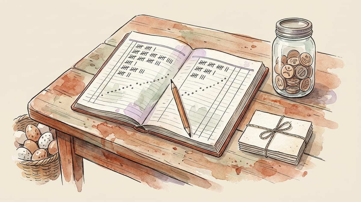 Watercolor illustration of an open ledger notebook on a kitchen table, its ruled columns filled with tally marks and a rising dotted trend line, a pencil resting in the gutter, beside a tied bundle of blank feedback cards, a jar of wooden tokens and a basket of eggs