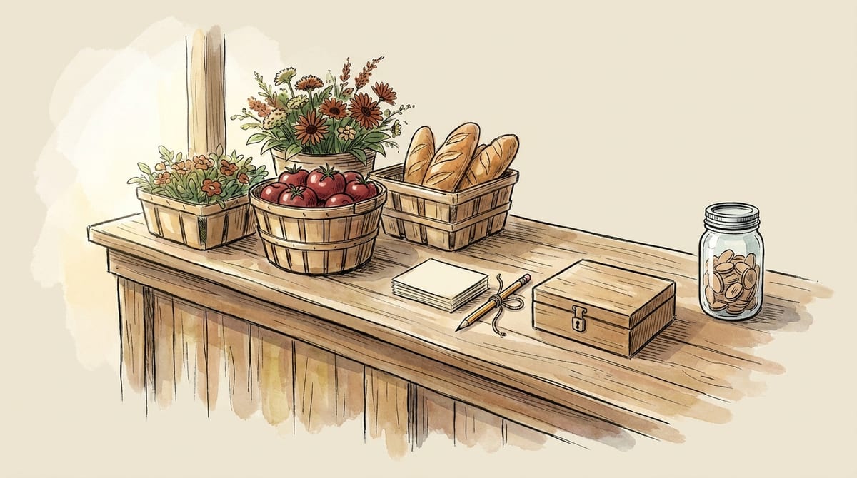 Watercolor illustration of a tidy farm stand counter with one simple system in place: a small stack of blank cards, a pencil on a twine string and a wooden lock box grouped at the pay point, with baskets of flowers, tomatoes and bread filling the rest and a jar of tokens waiting at the far end