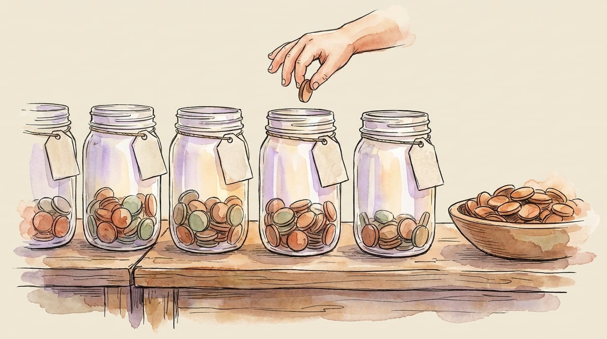 Watercolor illustration of five mason jars in a row on a farm stand counter, each holding wooden tokens and a blank hanging tag, with a child's hand dropping a token into the middle jar and a bowl of spare tokens alongside